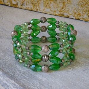 Four Strand Green Peridot AB Beaded Czech Crystal Elastic Stretch Bracelet